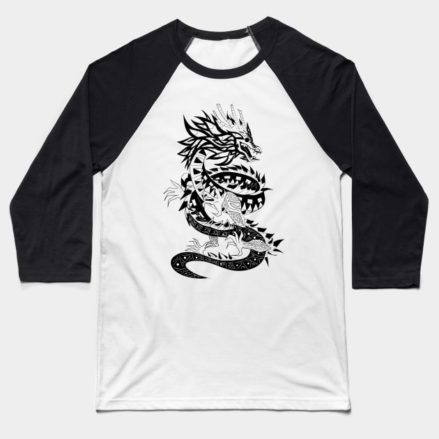 the dragon quetzalcoatl serpent king in ecopop totonac mandala tribal art Baseball T-Shirt by jorge_lebeau